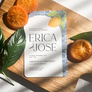 PRINTED Blue Tile Invitations, Tuscany Engagement Party, Custom invite for any event, Customized invitation