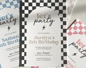 Editable Checkered Birthday Invitation for Boys Girls, Customized, Instant Download - Canva