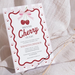 DIGITAL - Cherry Baby Shower Invitation Set, Cherry on top, Diaper Raffle, Books for Baby