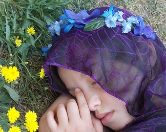 Woodsy Purple and Blue Fairy Flower Garland Crown with Leaves, Forest Fairy Headpiece, Hydrangea Headband, Blue Festival Floral Crown D20