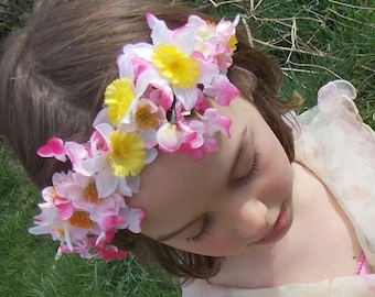 Spring Pastel Fairy Flower Garland Headband Crown with Daffodils and Pink Cherry Blossoms for Weddings, Festivals, or Fairy Dress Up G11