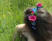 Pink Rose and Blue Flower Fairy Headband Crown, Deep Pink and Blue Floral Crown, Bridal Wreath for Brides, Flowergirls, or Fairies A03
