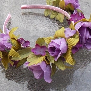 Light Purple Fairy Queen Rose Crown with Lavender and Purple Color Flowers on Mauve Headband A04