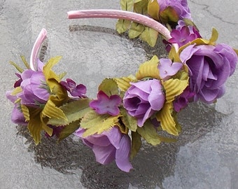 Light Purple Fairy Queen Rose Crown with Lavender and Purple Color Flowers on Mauve Headband A04