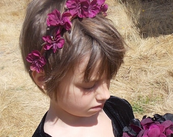 Burgundy Fairy Flower Garland Headband with Brown Flowering Sprigs, Brown Headband with Entwinded Maroon Flowers, Fall Bridal Flowergirl F10