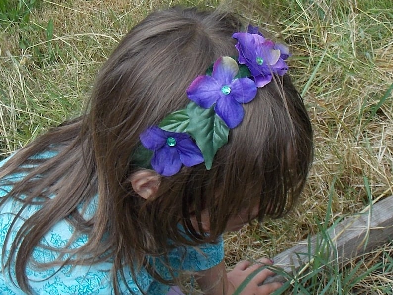 Deep Purple Flower Crown, Purple Flower Headband with Gems and Green Leaves, Woodland Fairy Crown image 1