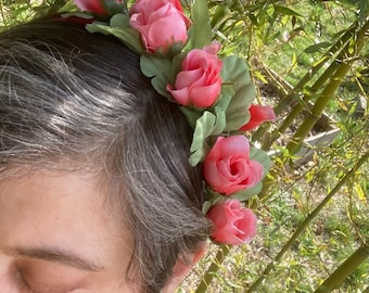 Pink Rosebud Headband, Pink Rose Crown with Green Leaves, Pink Flower Crown, Rosebud Fascinator, Pink Bridal Headband,  D09