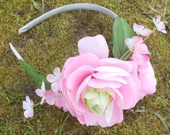 Light Pink Ranunculus Flower Crown with Green Leaves, Ranunculus Headband, Spring Flower Crown, Spring Flower Fascinator, Pink Bridal Crown