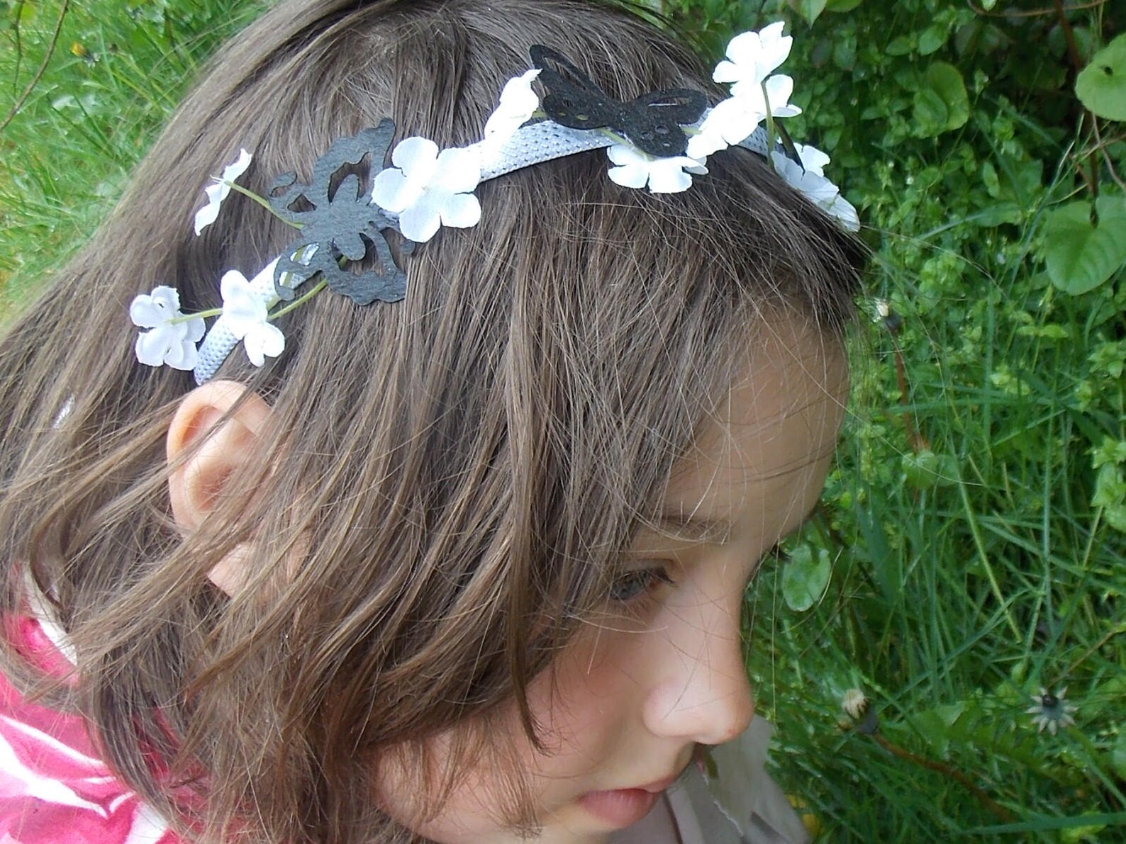 Black and White Headband With White Flowers and Black Butterflies, Sale