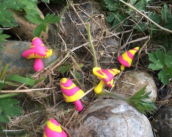 Pink and Yellow Twist Mushrooms, Mini Mushrooms on Pins for Terrariums or Fairy Gardens, Whimsical Mushrooms