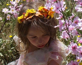 Fall Colors Fairy Flower Headband Garland Crown with Tiger Lilies, Small Sun Flowers, and Fall Oak Leaves, Fall Wedding Crown, Summer Bridal