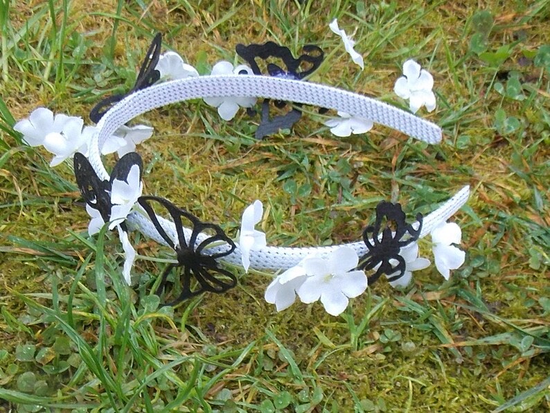 Black and White Headband With White Flowers and Black Butterflies, Sale