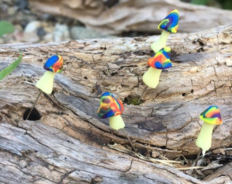 Rainbow Capped Glow-in-the-Dark  Miniature Mushrooms, Set of Five Tiny Mushroom Pins, Glowing Mushrooms for Fairy Gardens or Terrariums