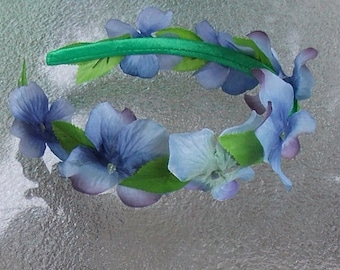 Green Leaf Crown with Blue Hydrangea Flowers, Woodsy Flower Crown, Blue Fairy Headband, Woodland Elf Crown, Forest Garland, G13