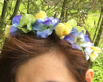 Crown of Yellow Roses and Blue Flowers with Green Leaves, Yellow and Blue Flower Headband, Spring Wedding Crown, Woodland Crown, I02