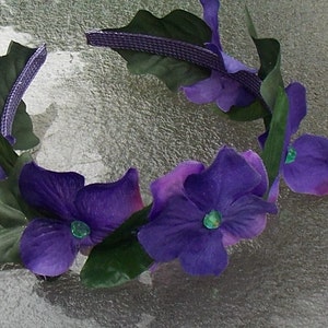 Deep Purple Flower Crown, Purple Flower Headband with Gems and Green Leaves, Woodland Fairy Crown image 2