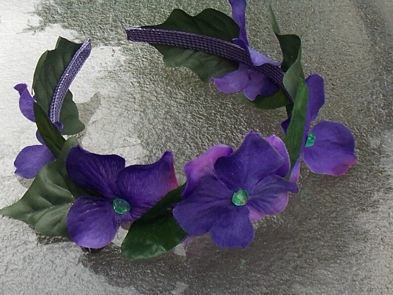 Deep Purple Flower Crown, Purple Flower Headband with Gems and Green Leaves, Woodland Fairy Crown image 2