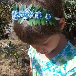 Woodland Fairy Crown with Ferns and Blue Flowers, Leafy Green Fairy Headband with Blue Flowers, Elf Costume, Floral Garland with Gems F17