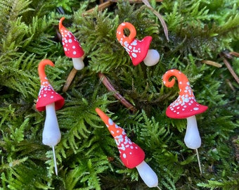 Miniature Fantasy Mushrooms, Red and Orange Fairy Mushrooms, Tiny Mushrooms, Mini Mushrooms on Pins, Fairy Toadstools