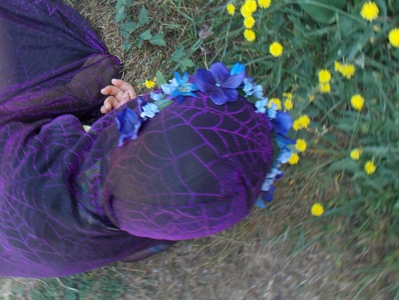 Woodsy Purple and Blue Fairy Flower Garland Crown with Leaves, Forest Fairy Headpiece, Hydrangea Headband, Blue Festival Floral Crown D20 image 3