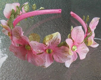 Pink Hydrangea Fairy Flower Headband Crown with Gold Glitter, Gems, and Glittery Green Vines F13