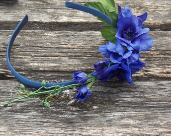 Blue Delphinium Flower Crown, Dark Blue Flower Crown, Delphinium Headband, Dark Blue Bridal, Blue Flower Girl, Fairy Garden Headband, C05