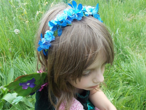 Blue Fairy Flower Garland Hair Crown With Green Leaves Blue