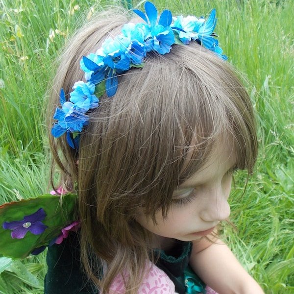 Blue Fairy Flower Garland Hair Crown with Green Leaves, Blue Flower Crown, Fairy Headpiece, Flowergirl Headpiece, Woodland Floral Halo D14