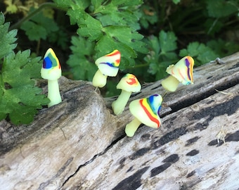 Rainbow Swirl Glow-in-the-Dark  Miniature Mushrooms, Set of Five Tiny Mushroom Pins, Glowing Mushrooms for Fairy Gardens or Terrariums