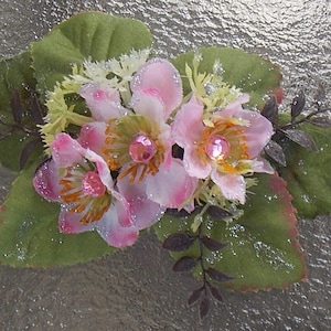 Large Pink Blossom Barrette Hair Clip with Green Leaves, Pink Bridal Hair Clip, Large Flower Hair Grip, Floral Barrette, Spring Wedding