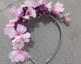 Pink Dogwood and Purple Blossom Fairy Flower Floral Crown on Silver Gray Headband for Fairies, Flowergirls, or Bridesmaids F20