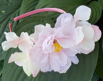 Pale Pink Peony Flower Headband with Pink Hydrangea Blossoms and Green Leaves, Pink Flower Crown,  Spring Flowergirl Headpiece D13