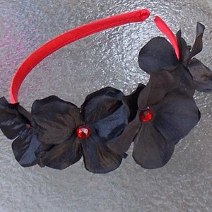 Black and Red Flower Headband, Black Hydrangea Headband with Red Gems, Fairy Flower Crown, Floral Fascinator, Off-Center Crown H03