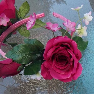 Pink Rose Fairy Flower Headband Crown, Asymmetrical  Floral Crown, Bridal Garland for Flowergirls, Bridesmaids, or Festivals C16