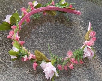 Enchanted Rose Woodland Crown, Pink Rose Floral Crown, Rosebud Bridal Headband, Pink Floral Halo, Flowergirl Headband, Pink Flower Crown G09
