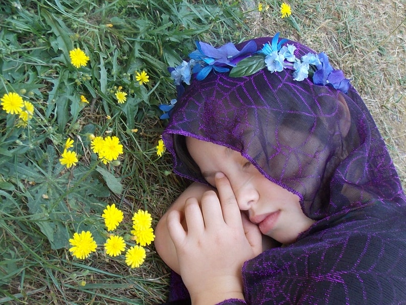 Woodsy Purple and Blue Fairy Flower Garland Crown with Leaves, Forest Fairy Headpiece, Hydrangea Headband, Blue Festival Floral Crown D20 image 1