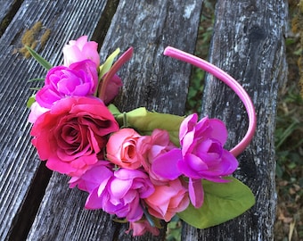 Summer Rose Headband with Green Leaves, Pink Ross Crown, Rosebud Crown, Rose Wedding Crown, G15