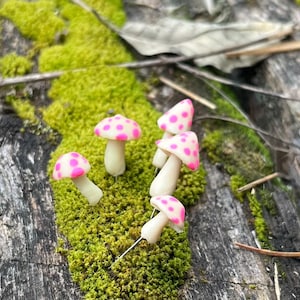 Pink Spotted Glow in the Dark Mushrooms on pins, Set of five tiny mushrooms, glowing toadstools, terrarium decoration, fairy garden