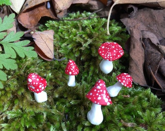 Miniature Mushrooms, Set of Five Tiny Mushroom Pins, Red and White Mushrooms, Fairy Garden Accessories, Tiny Toadstools, Fairy Toadstools