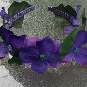 Deep Purple Flower Crown, Purple Flower Headband with Gems and Green Leaves, Woodland Fairy Crown image 3