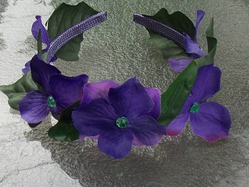 Deep Purple Flower Crown, Purple Flower Headband with Gems and Green Leaves, Woodland Fairy Crown image 3