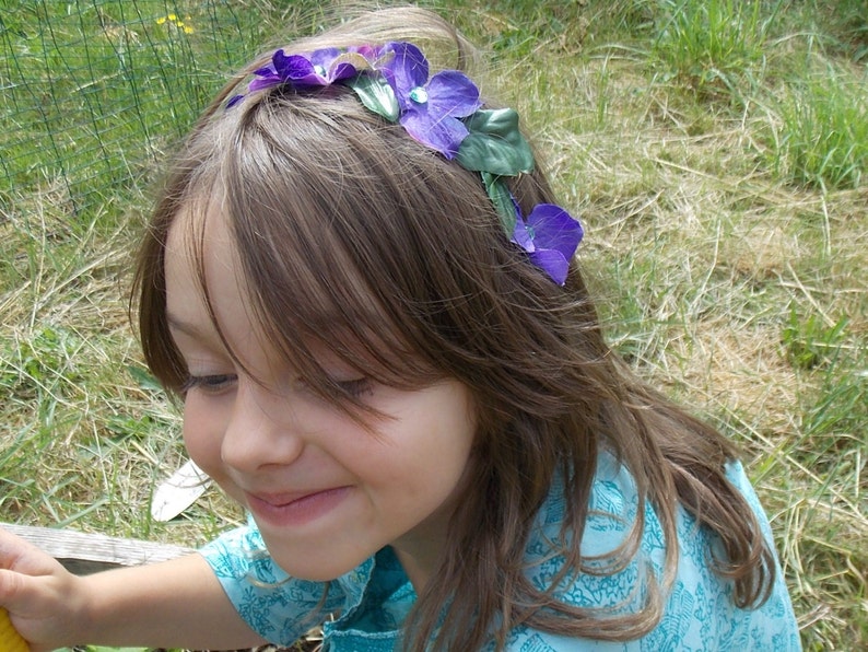 Deep Purple Flower Crown, Purple Flower Headband with Gems and Green Leaves, Woodland Fairy Crown image 4