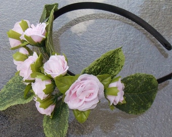 Pale Pink Rose Spray Flower Headband, Rose Floral Crown with Green Leaves for Fairies, Flowergirls, or Festivals G16