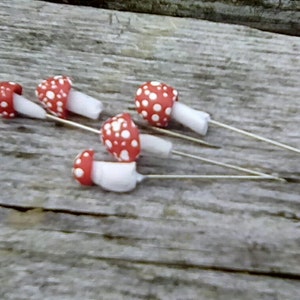 Miniature Mushrooms, Set of Five Tiny Mushroom Pins, Red and White Mushrooms, Fairy Garden Accessories, Tiny Toadstools, Fairy Toadstools image 2