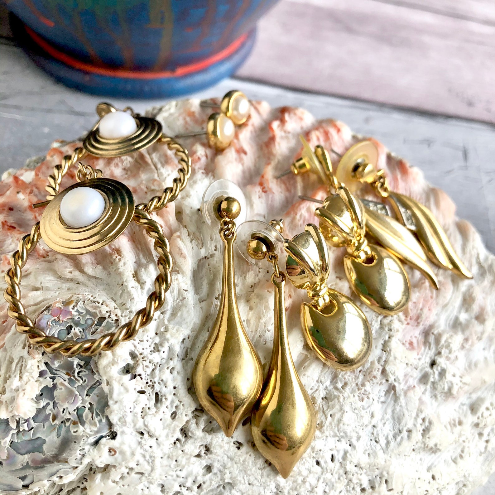 Gold tone dangle & stud Earrings. Etsy