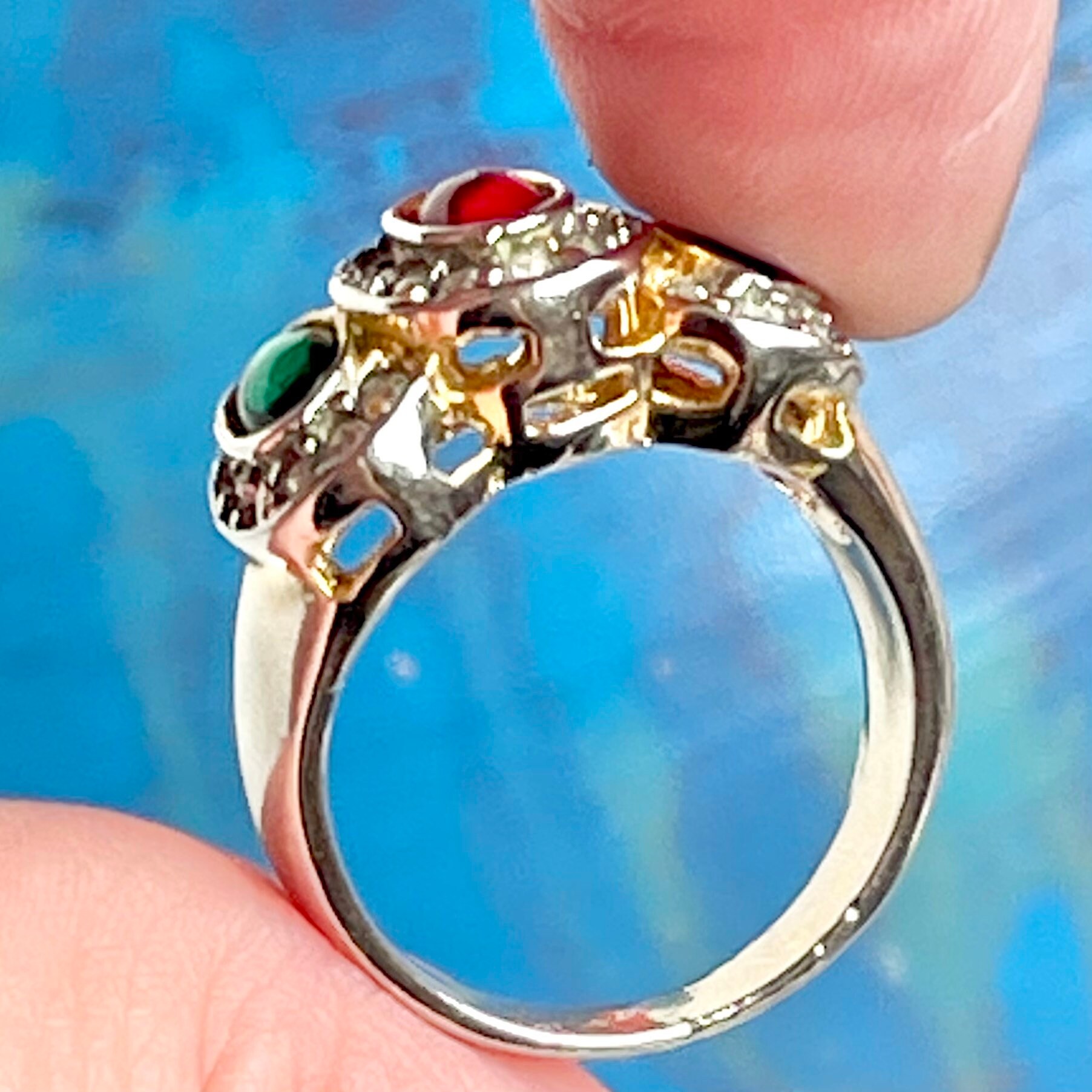 Silver & gold tone glass stone ring. Etsy