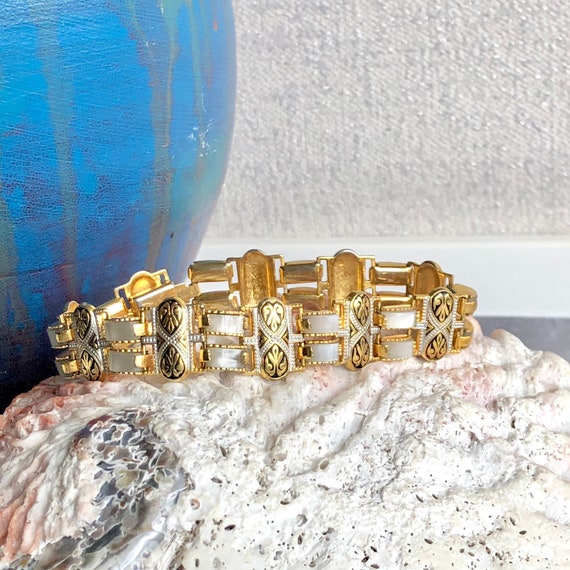 Vintage damascene bracelet dainty damascene gold bracelet spring closure black and gold toldeoware bracelet