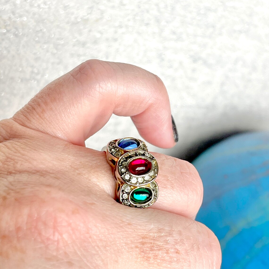 Silver & gold tone glass stone ring. Etsy