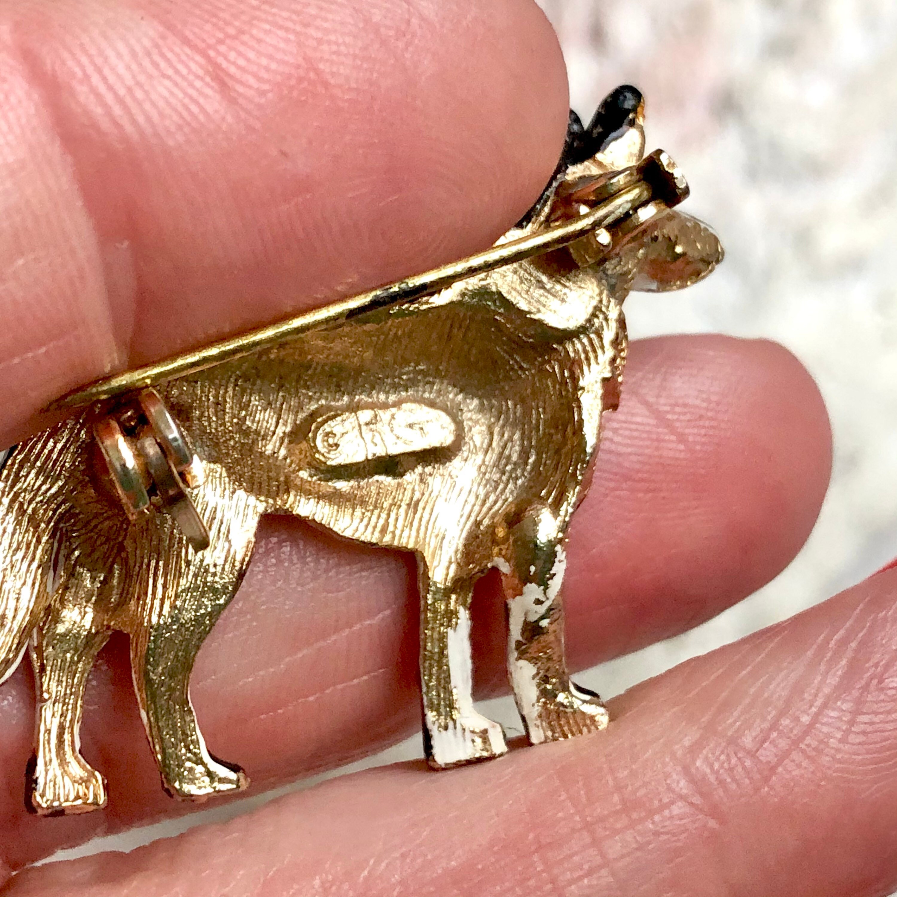 Gold tone enamel HG dog brooch. Etsy
