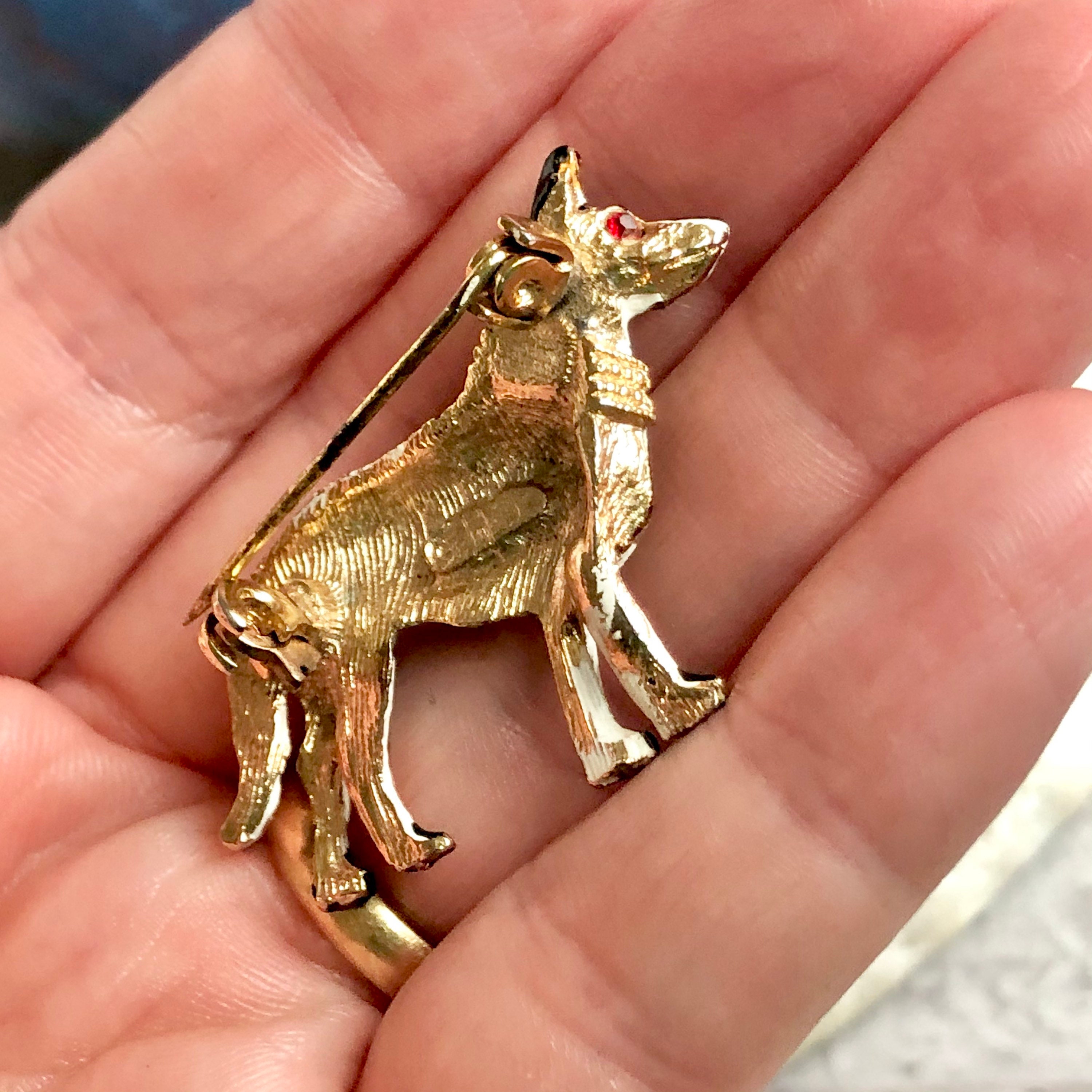 Gold tone enamel HG dog brooch. Etsy